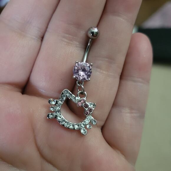 Hello Kitty Sanrio pink & silver tone crystal dangle belly button ring - Picture 1 of 2